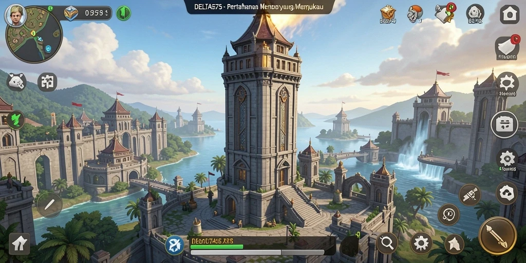 Tampilan gameplay DELTA575 dengan menara yang berfungsi melawan musuh.