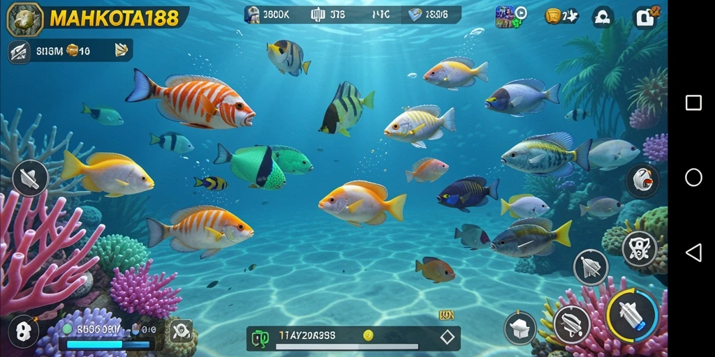 Tampilan gameplay seru dalam MAHKOTA188 saat berburu ikan.